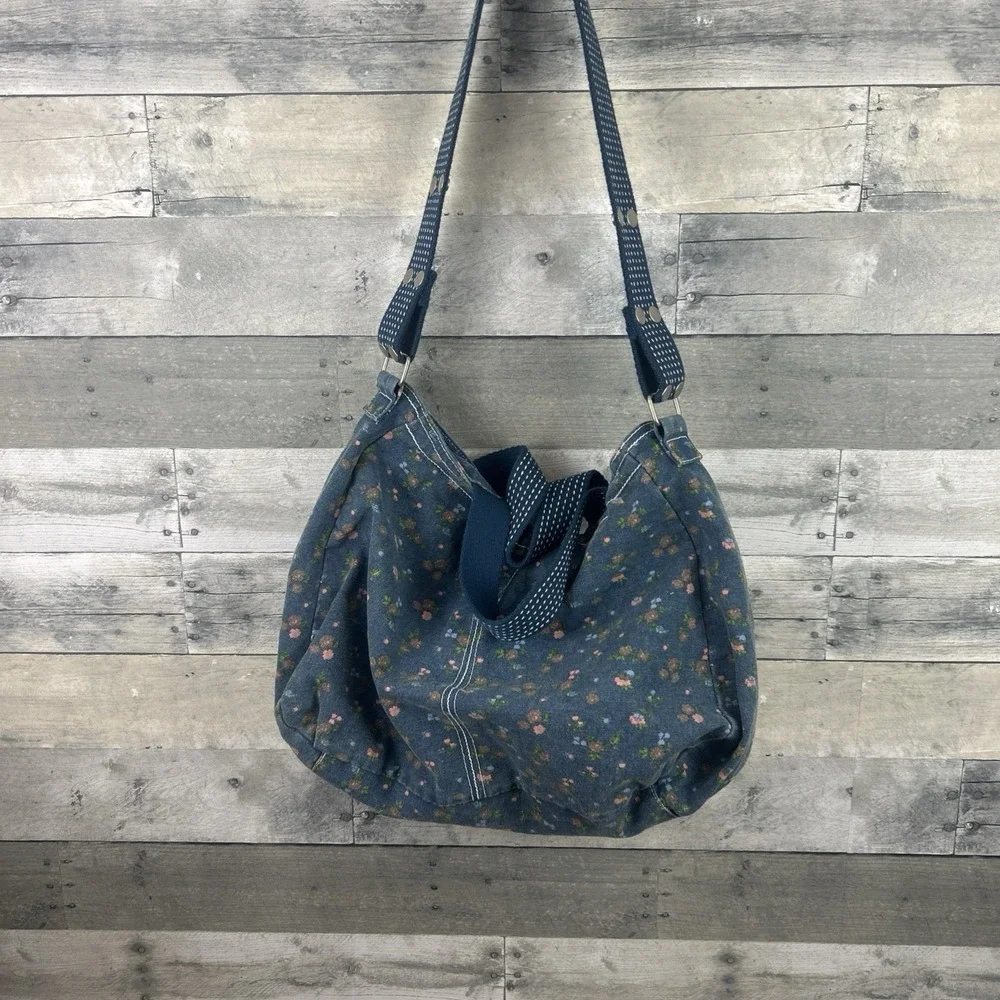 Floral Denim Hobo Bag With Cross Stitching And Woven Straps